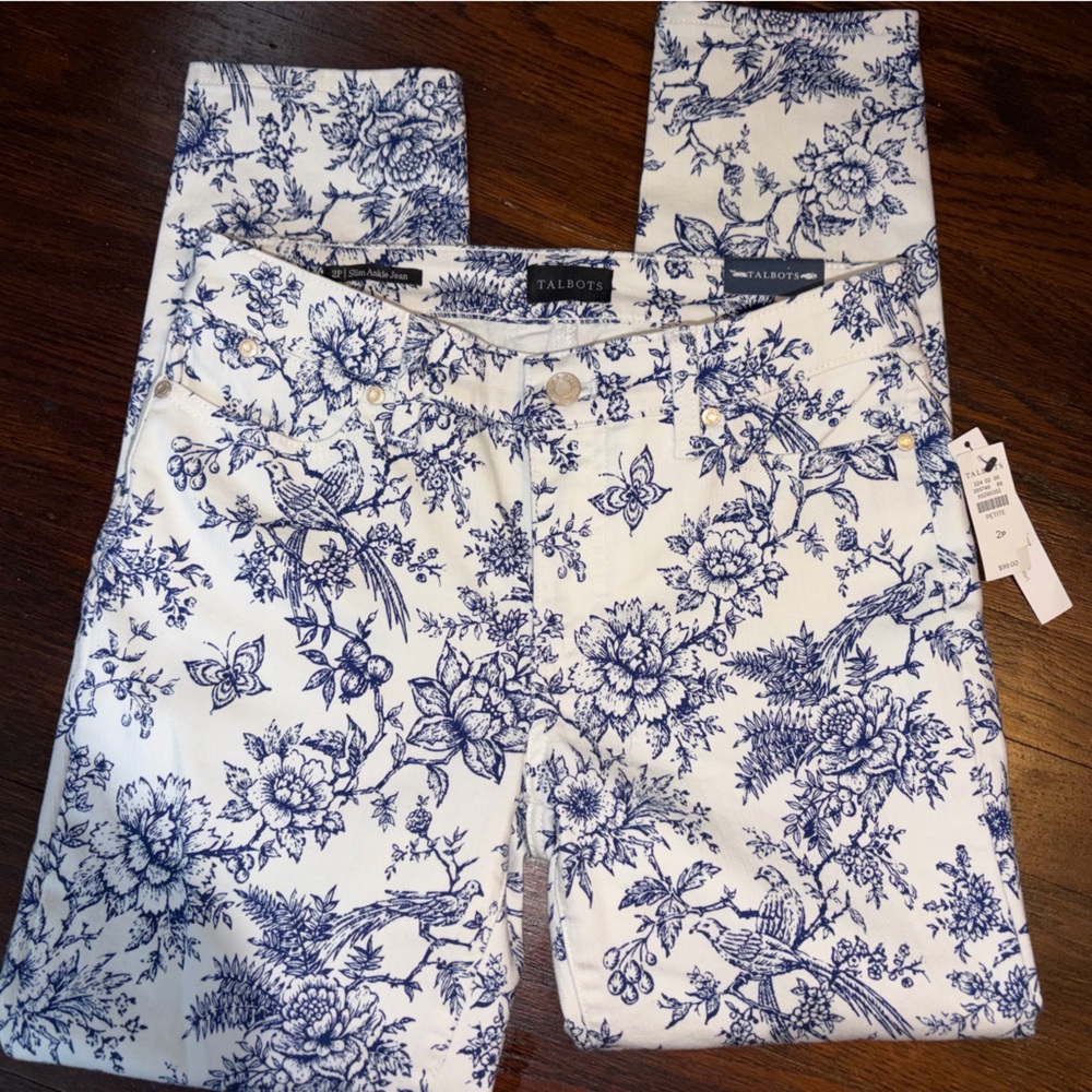 Talbots White&Blue patterned slim ankle jean